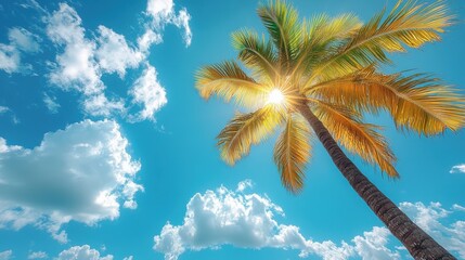 Fototapeta premium A vibrant palm tree against a bright blue sky with clouds, capturing a tropical atmosphere.