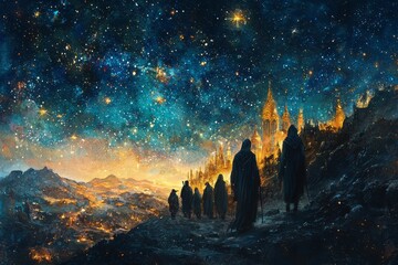 An Epiphany card with a starry night and the wise men&rsquo;s journey. The scene is filled with wonder and anticipation