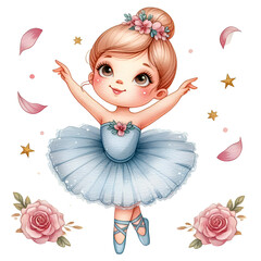 Watercolor Clipart of a very Cute dancing ballerina, isolated on a white background. Art clipart