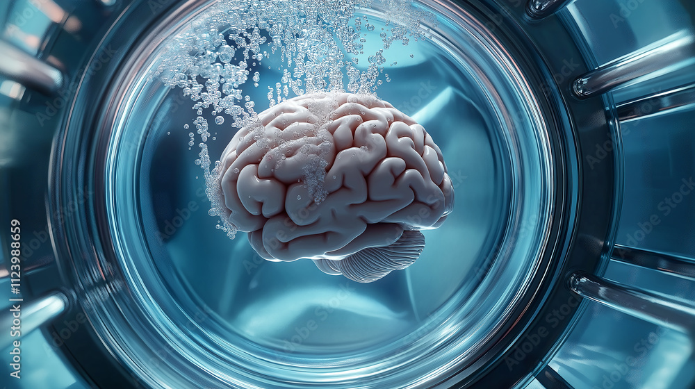 Poster human brain floating in laboratory beaker with bubbling water