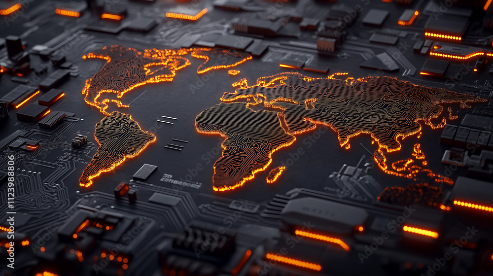 Poster world map electronic circuit illuminating global connectivity