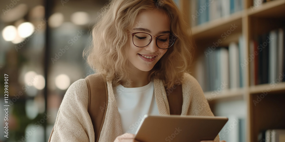 Poster Smiling student using digital tablet in library, surfing the internet for educational resources