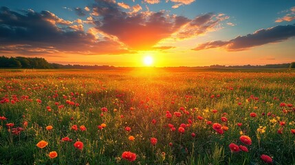 Obraz premium A vibrant sunset over a colorful flower field, showcasing nature's beauty.
