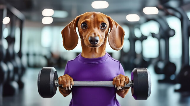 Determined dachshund lifting weights in gym shows fitness motivation
