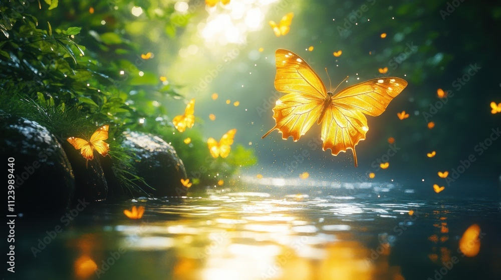 Poster golden butterflies flutter over a sunlit stream in a lush forest.