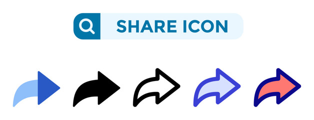 Share icons in 5 different vector illustration styles. Settings icons in flat, solid, line, blue and color styles. Vector illustrations can be used for web, mobile, ui