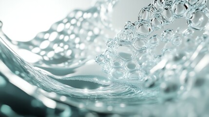 Crystalline water drop floating above cellular membrane, hexagonal bubble matrix, flowing aqua curves, transparent liquid surface, microscopic skin structure, ethereal light rays, pristine laboratory