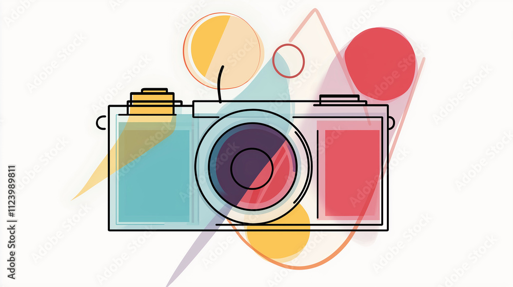 Poster minimalist camera drawing with colorful geometric shapes representing photography and creativity