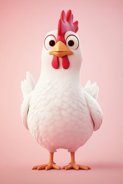 Cartoon white chicken standing on pink background
