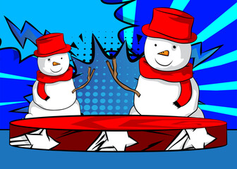 Comic Book Product podium stage for mockup presentation with Snowman. Retro comics background.