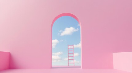 Naklejka premium Pink room, arched doorway, ladder leads to sky. Achieve goals, reach dreams, find hope.
