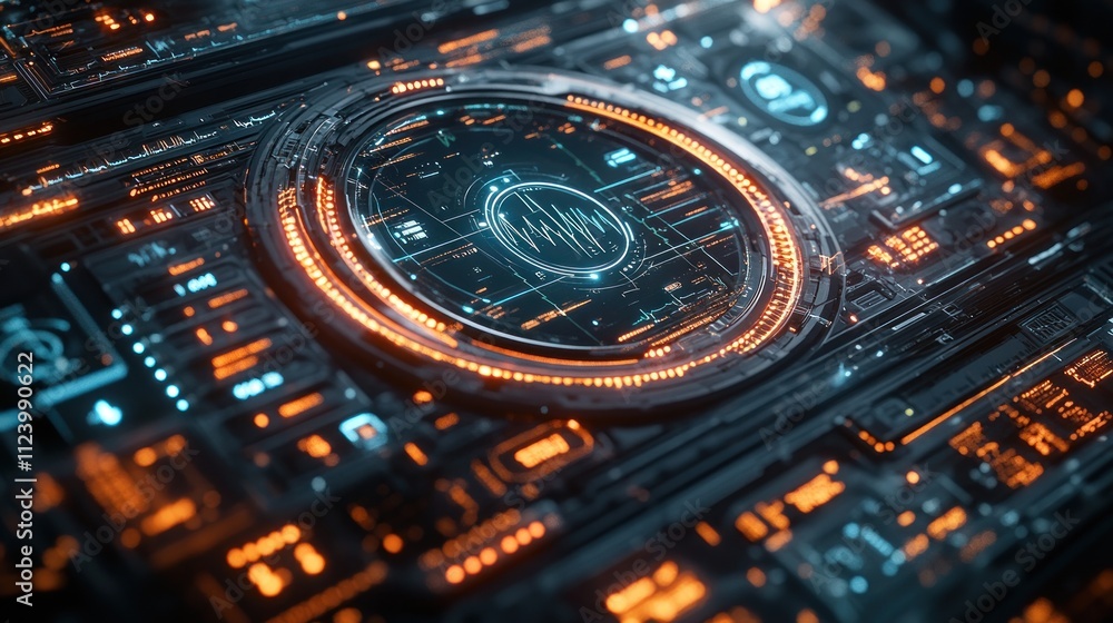 Poster futuristic digital interface with glowing elements and data visualization.