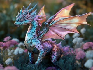 Obraz premium Iridescent Dragon in a Dreamlike Floral Garden: Fantasy Art