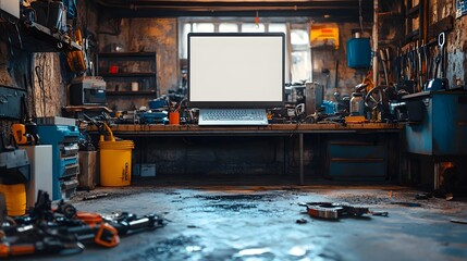 Laptop On Messy Workbench In Industrial Workshop
