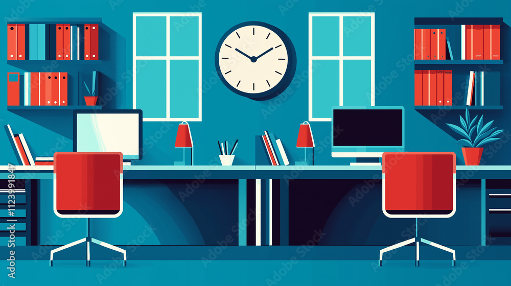 Poster Modern office interior with two desks and computers displaying working environment
