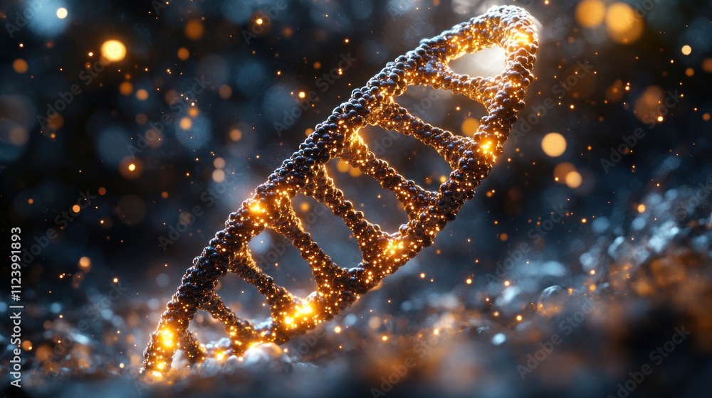 Poster a glowing dna helix with sparkling particles in a dark background.