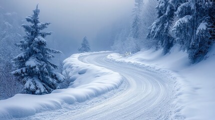 Obraz premium A winding snow-covered road through a serene winter landscape.
