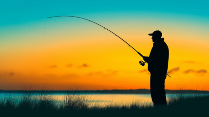 Fisherman silhouette fishing at sunset with colorful sky