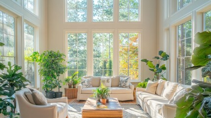 Obraz premium Sunlit living room with large windows, beige sofas, and lush greenery.