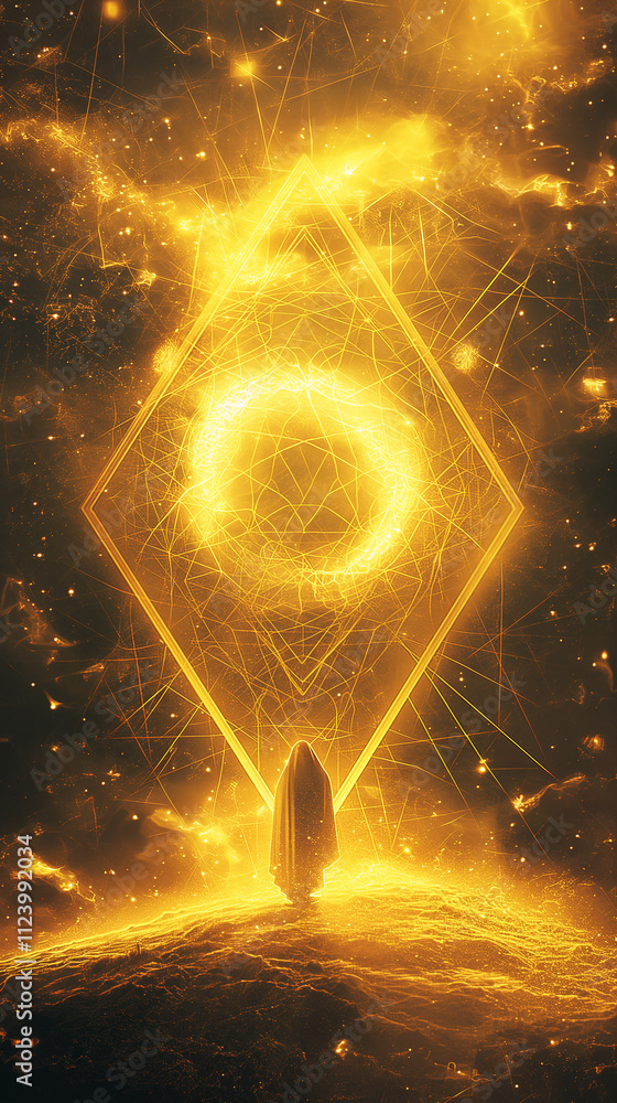 Poster figure wearing a cloak contemplating glowing interstellar portal in space