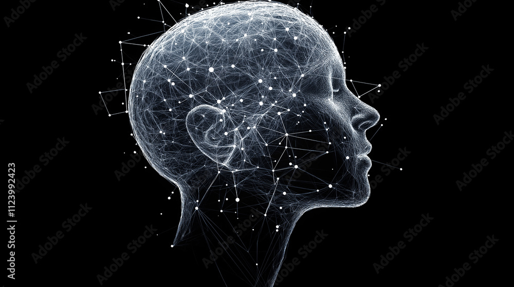 Poster Artificial intelligence: human head transforming into digital network on black background