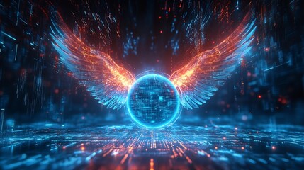 Obraz premium Dynamic Glowing Sphere with Winged Fantasy in Futuristic Digital Landscape
