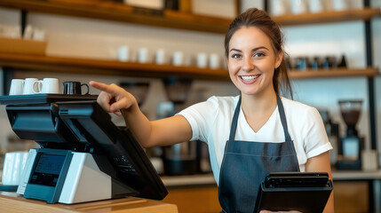 Smiling cashier using cash register in coffee shop