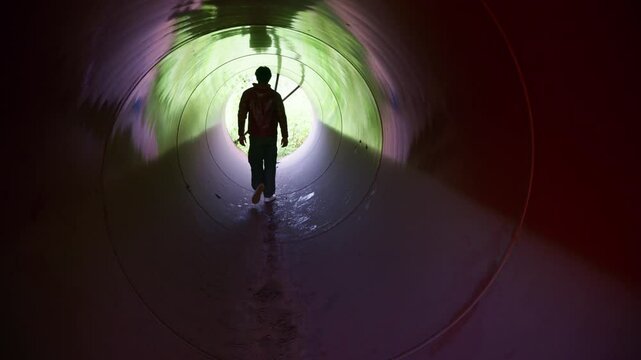 Male Attitude Walk Inside Round Metal Structure