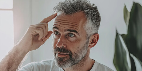 Fototapeta premium A middle-aged man with gray hair is examining his head, generative AI