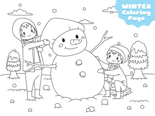 two happy kids building snowman on snowy winter day. Winter holiday, printable coloring page for kids template cartoon vector.