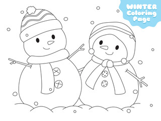 two cute snowman on snowy winter day. Winter holiday, printable coloring page for kids template cartoon vector.