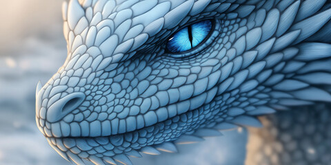 Ice dragon staring with intense blue eyes in a frozen landscape