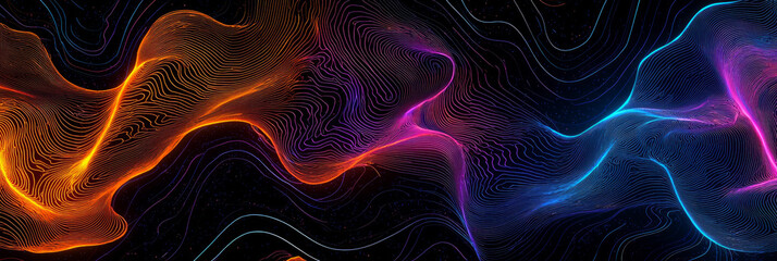 Obraz premium A futuristic and high-tech background featuring glowing neon lines on black, forming intricate circuit patterns with vibrant colors like blue, orange, purple, or yellow, generative AI