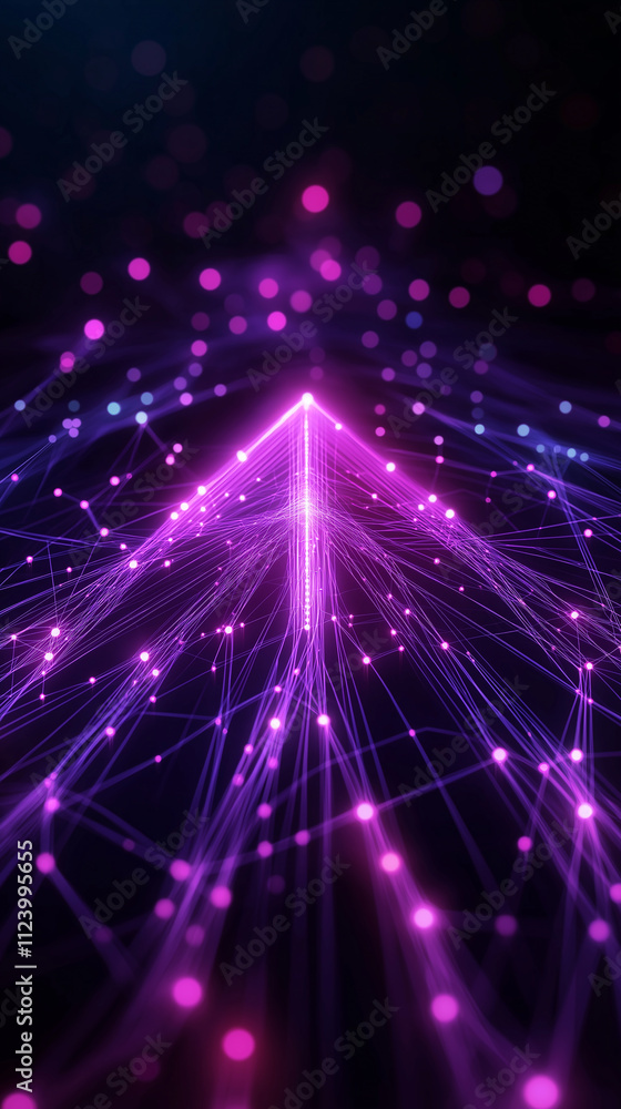 Poster bright purple network lines converging into arrow shape representing growth and success