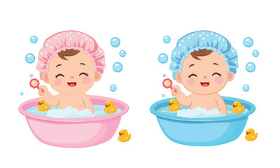 Cute baby takes a bath in blue and pink bathtub with bubble. Happy baby bathes with foam and toys. Baby element vector. Flat vector illustration in cartoon style isolated on white background.