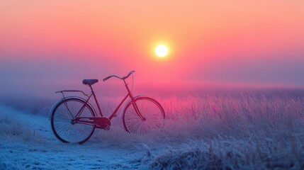 Fototapeta premium A vintage bicycle rests in a frosty field at sunrise, creating a serene and tranquil scene.
