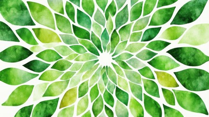 Obraz premium Abstract circular pattern of green triangular leaves, lime and forest green watercolor wash, white negative space, modern botanical design, geometric nature art, radial arrangement