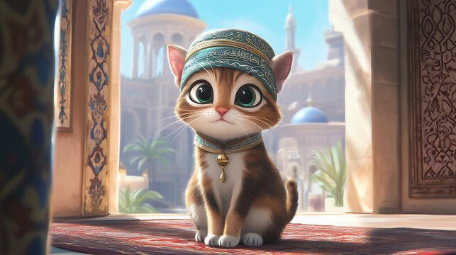 The cat wears a cap with an Arabic theme castil