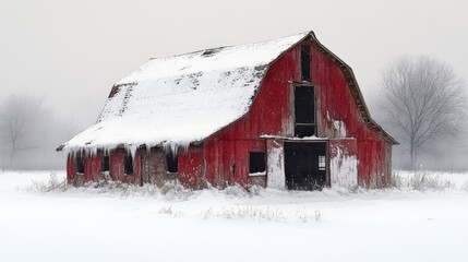 A weathered red barn covered in snow, set against a foggy winter landscape.