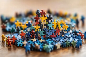 Obraz premium Puzzle assembly action indoor space colorful puzzle pieces creative environment close-up view mindfulness concept