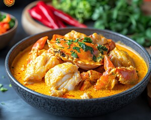 Thai curry crab stir-fry (Pu Pad Pong Karee) featuring chunks of crab in a creamy yellow curry