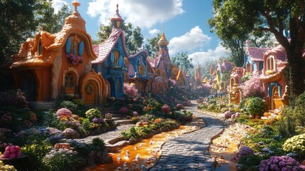 Obraz premium A whimsical village scene with colorful houses, flowers, and a serene pathway.