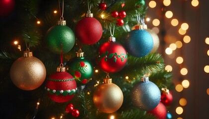 Obraz premium Holiday radiance close-up of Christmas tree adorned with red and gold baubles, and pine cones Festive warmth Christmas tree adorned with gold, red baubles and golden presents