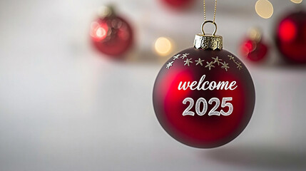 Elegant red Christmas ornament for welcoming 2025, ideal for holiday cards, New Year's celebrations, and festive decor. Minimalist design promotes joy and renewal.
