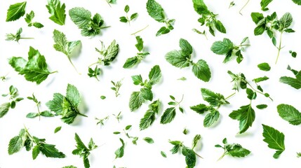 Fototapeta premium Falling herbal leaves with motion trails, pure white backdrop, commercial food photography style, agricultural product shot, organic movement patterns, hyper-detailed leaf structure
