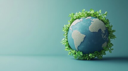 Minimalist globe design with emerging plant life, smooth matte finish, high-detail 3D modeling, environmental awareness art style, crisp green and blue color scheme, pristine composition, soft