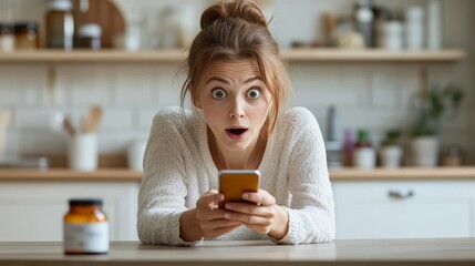 Woman, 40s, stunned by phone news in the kitchen - surprised expression, health discovery.