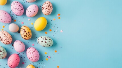 Bright pastel Easter eggs in various colors are scattered across a smooth blue surface, creating a festive and cheerful atmosphere