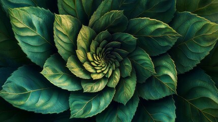 Obraz premium hyper-detailed botanical pattern, spiral formation of leaves, emerald green gradient, natural geometry, abstract nature composition, layered depth effect, ultra-sharp details, radial symmetry,