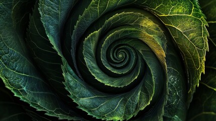 Obraz premium digital art, organic spiral pattern, vibrant green leaves, intricate details, fractal design, fibonacci sequence, centered composition, dark background, symmetrical arrangement, nature-inspired